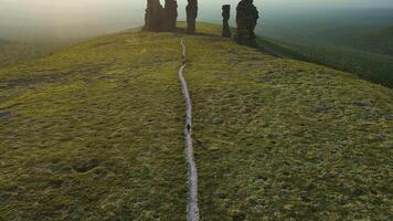 Aerial. Weathered stone pillars on the Manpupuner plateau. Tourist attraction video