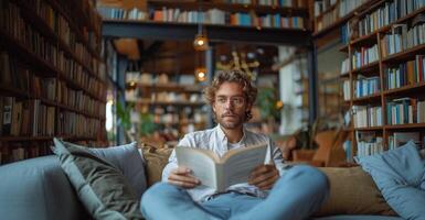 Portrait of handsome man in eyeglasses reading book in cafe photo