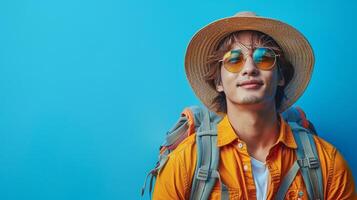 retrato de hermoso asiático hombre vistiendo Paja sombrero y Gafas de sol Listo a viajar, viaje concepto foto