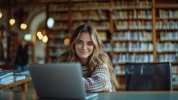 retrato de sonriente hembra estudiante utilizando ordenador portátil mientras sentado a mesa en biblioteca foto