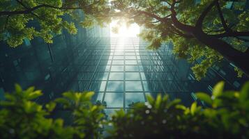 Reflection of green trees in the windows of a modern office building, Eco-friendly Concept. photo