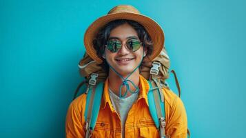 Portrait of handsome Asian man wearing straw hat and sunglasses ready to travel, travel concept photo