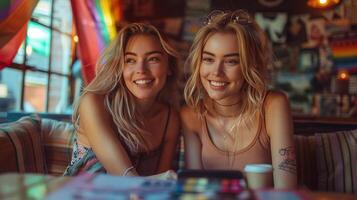 Two asian women using laptop computer at coffee shop. LGBT concept. photo