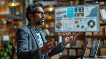 Businessman presenting data in office with data visualization with artificial intelligence neural network architecture. photo