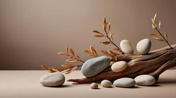 Minimalistic still life with stones and branch on beige background photo