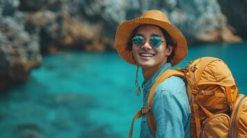 Portrait of handsome Asian man wearing straw hat and sunglasses ready to travel, travel concept photo