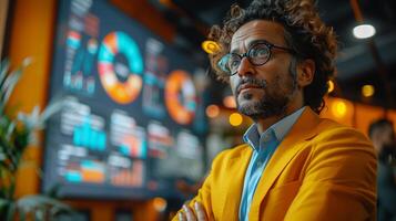 Businessman presenting data in office with data visualization with artificial intelligence neural network architecture. photo
