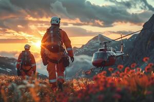 Rescue helicopter in the mountains. Rescue team. Rescue helicopter. photo