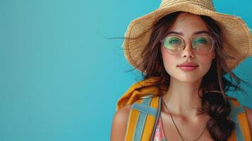 Portrait of beautiful Asian woman wearing straw hat and sunglasses ready to travel, travel concept photo