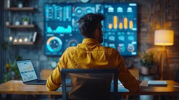 Businessman presenting data in office with data visualization with artificial intelligence neural network architecture. photo
