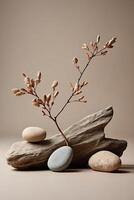 Minimalistic still life with stones and branch on beige background photo