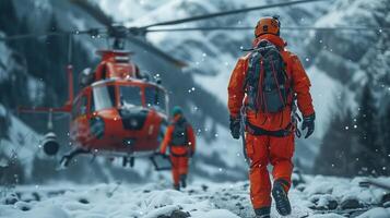 rescate helicóptero en el montañas. rescate equipo. rescate helicóptero. foto