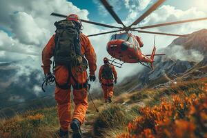 Rescue helicopter in the mountains. Rescue team. Rescue helicopter. photo