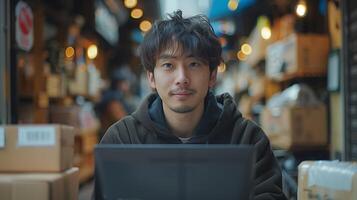 Young Asian man using laptop at small warehouse. Startup and online shopping concept. photo