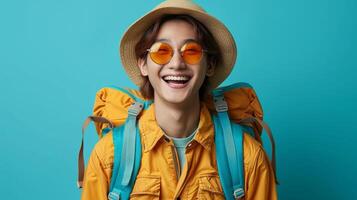 Portrait of handsome Asian man wearing straw hat and sunglasses ready to travel, travel concept photo