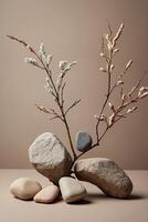 Minimalistic still life with stones and branch on beige background photo