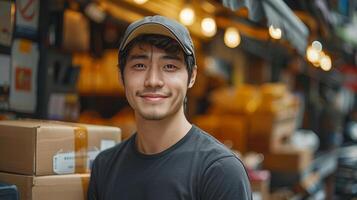 Young Asian man using laptop at small warehouse. Startup and online shopping concept. photo