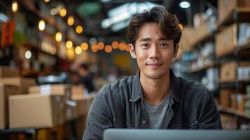 Young Asian man using laptop at small warehouse. Startup and online shopping concept. photo