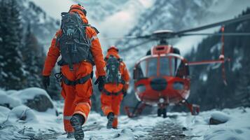 Rescue helicopter in the mountains. Rescue team. Rescue helicopter. photo