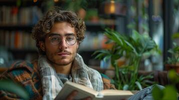 Portrait of handsome man in eyeglasses reading book in cafe photo