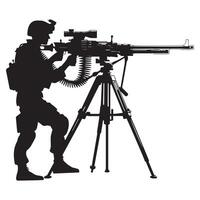 A heavy gunner soldier silhouette with a machine gun set up on illustration vector