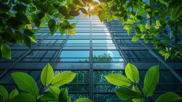 reflexión de verde arboles en el ventanas de un moderno oficina edificio, Respetuoso del medio ambiente concepto. foto