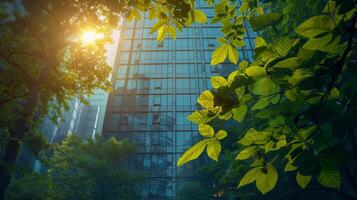 reflexión de verde arboles en el ventanas de un moderno oficina edificio, Respetuoso del medio ambiente concepto. foto