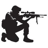 A soldier silhouette kneeling and aiming a sniper rifle illustration vector