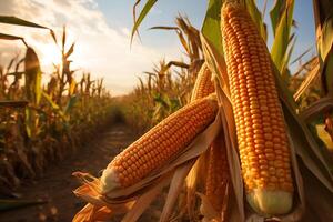 Ripe corn on the cob in the field, close-up photo