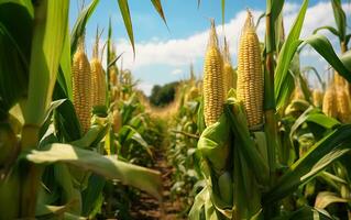 Ripe corn on the cob in the field. Shallow depth of field photo