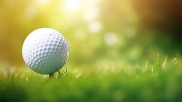 Golf ball on tee with bokeh background, ready to play, close up photo