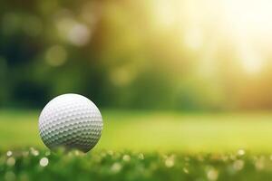 golf pelota en verde césped con bokeh fondo, cerca arriba foto