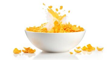 Bowl of corn flakes and milk splash isolated on white background. photo