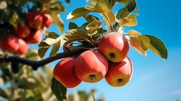 rojo manzanas en un árbol rama en un huerta en el verano foto
