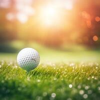 Golf ball on green grass with bokeh background, close up photo