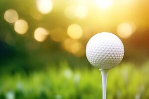 Golf ball on tee with bokeh background photo