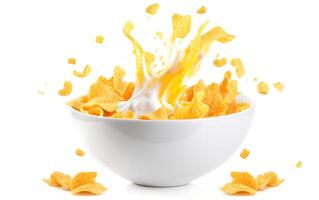 Bowl of corn flakes and milk splash isolated on white background. photo