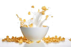 Bowl of cornflakes and milk splash isolated on white background photo