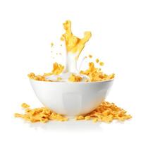 Corn flakes falling into a bowl with milk splash isolated on white background photo