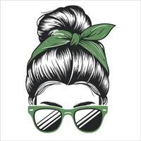 ilustración de un mujer pelo en un ordenado bollo con un verde pañuelo atado vector