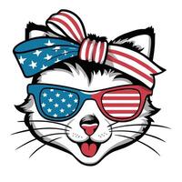 vintage illustration of a cartoon kitty wearing a ribbon in American flag colors on its head and wearing sunglasses in the same flag colors vector