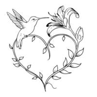 line tattoo design featuring a hummingbird hovering near a delicate lily with heart shaped vector