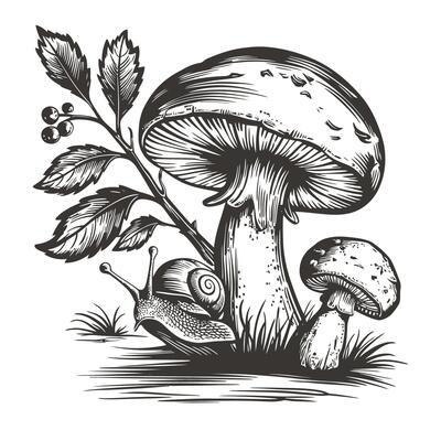 mushroom in the forest with snail hand drawn sketch style
