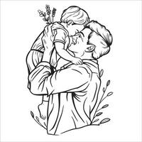 line art drawing of a father and child embracing, with the father lifting the child in a joyful vector