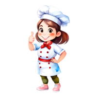 gerado por IA alegre desenho animado chefe de cozinha menina em pé com polegares acima gesto isolado transparente simples ilustração png