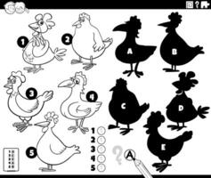 finding shadows game with cartoon chickens coloring page vector