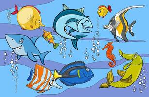 dibujos animados pescado y marina animal caracteres grupo vector