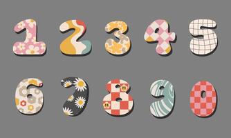 Set of isolated colorful funny groovy numbers.Number 0-9.Handmade retro stylized numbers with flowers,daisy,chess,waves.For print,birthday party invitations,cartoon designs. illustration EPS 10 vector