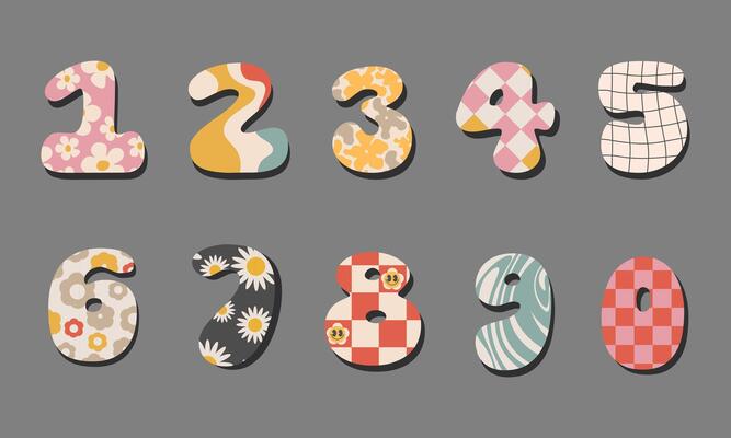 Set of isolated colorful funny groovy numbers.Number 0-9.Handmade retro stylized numbers with flowers,daisy,chess,waves.For print,birthday party invitations,cartoon designs. illustration EPS 10