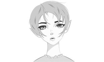 anime niña mirando. linda manga duende personaje con corto pelo.japonés mano dibujado estilo.hermoso joven mujer cara con grande ojos y puntiagudo orejas en manga estilo. camiseta Japón impresión eps 10 vector